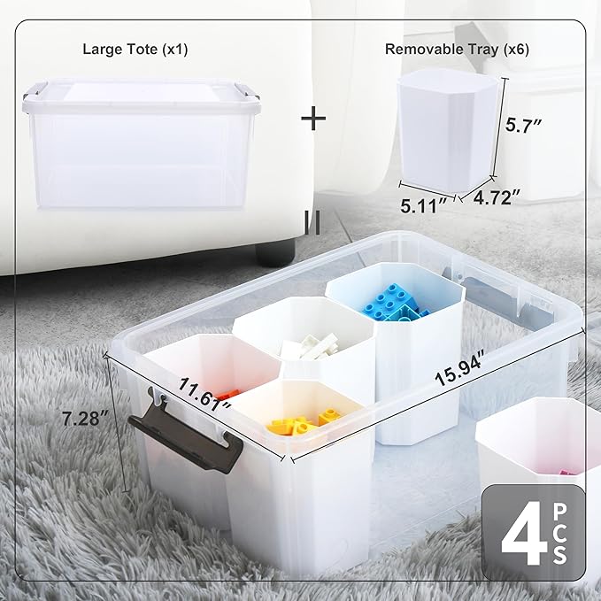 Citylife 17 QT Plastic Storage Bins Clear Storage Box with Lids Multipurpose Stackable Storage Containers for Organizing Tool, Craft, Crayon, 4 Packs
