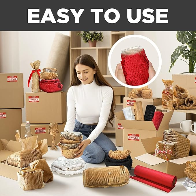 Honeycomb Packing Paper, 12"x150' Red | Perforated Honeycomb Packing Paper Recyclable Moving Supplies for Shipping & Moving | Plastic-Free Alternative to Bubble Cushion Wrap with 36 Fragile Stickers-DeskLoop Office