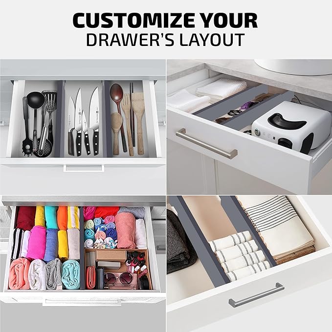 4 Pack Drawer Dividers Bamboo 2.6" High, 16-22" Adjustable Drawer Organizers for Clothes, Expandable Dresser Separators in Bedroom/Bathroom/Kitchen/Office Organization and Storage (Grey)-DeskLoop Office