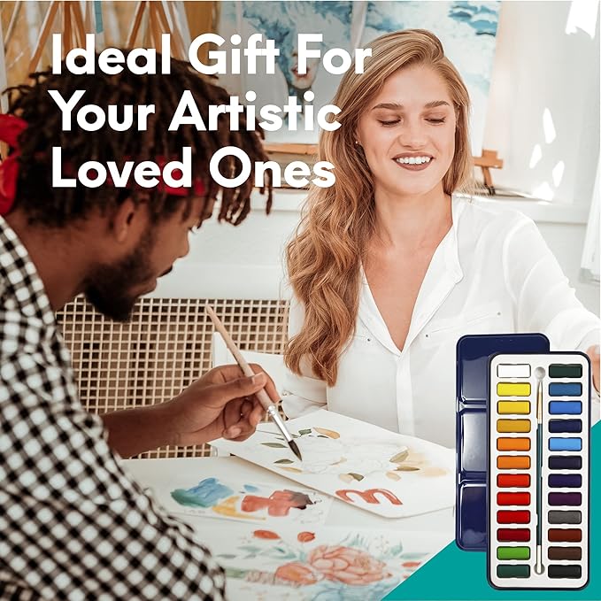 MozArt Supplies Watercolor Paint Essentials Set - Lightweight and Portable Metal Box - Lid Has 3 Partitions for Color Mixing - Easy-to-Blend Non-Toxic Formulation - 24 Vibrant Colors with Paintbrush-DeskLoop Office