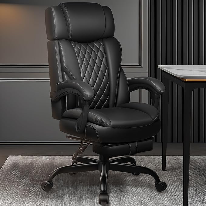 Executive Leather Office Chair, Big and Tall Office Chair with Footrest Home Office Desk Chairs, Ergonomic Computer Desk Chair with Lumbar Support, Reclining Desk Chair with Adjustable Angle-DeskLoop Office
