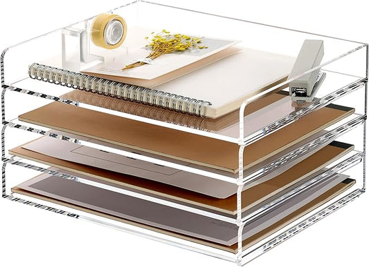 SANRUI 4 Tier Clear Desk Paper Letter Organizer Trays, A4 Stackable File Document Tray, Acrylic Desk Organizers and Accessories Sorter, Workspace Office Supplies Organizers,12.4inx8.86inx6.64in-DeskLoop Office