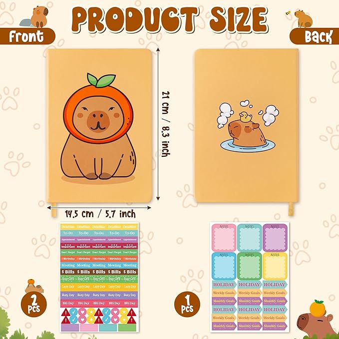 B1ykin Hardcover Ruled Journal Notebook with Planner Stickers, 196 Pages PU Leather Journal Notebook Journals Diary Notepad for Writing Travel Business Work School College Note Taking (Capybara)-DeskLoop Office