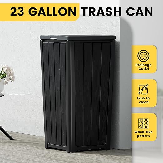 Outdoor Trash Can with Lid, Waterproof Resin Garbage Can with Tiered Lid, Outside Trash Bin for Patio, Kitchen, Backyard or Deck-DeskLoop Office