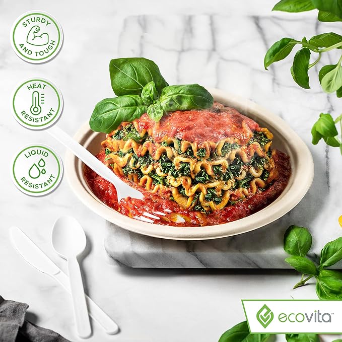 100% Compostable Knives - 140 Large Disposable Utensils (7 in.) Eco Friendly Durable and Heat Resistant Alternative to Plastic Knives with Convenient Tray