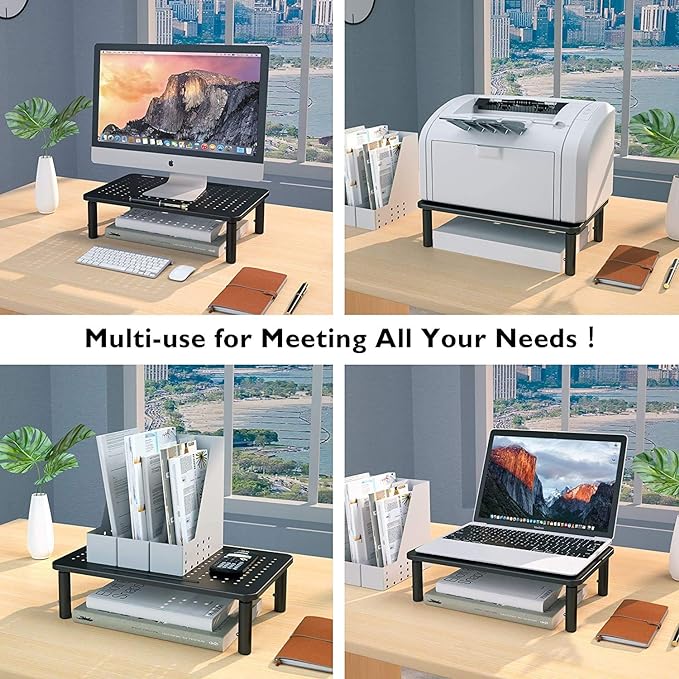 BONTEC 2 Pack 3 Height Adjustable Monitor Stand Riser with Pen Holder, Ergonomic Metal Laptop Stand with Cable Management, Desktop Stand for Computer, Printer, Monitor, Laptop, Black Steel, 14.5 in-DeskLoop Office