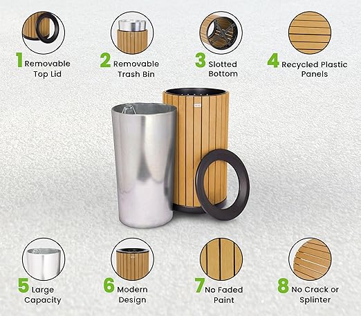 Alpine 32 Gallon Commercial Outdoor Trash Can - Heavy Duty Garbage Can Outdoor, Industrial Open Top Trash Can with Plastic Panels for Patio, Parks, Trails, Resorts (Flat Lid - Cedar)-DeskLoop Office