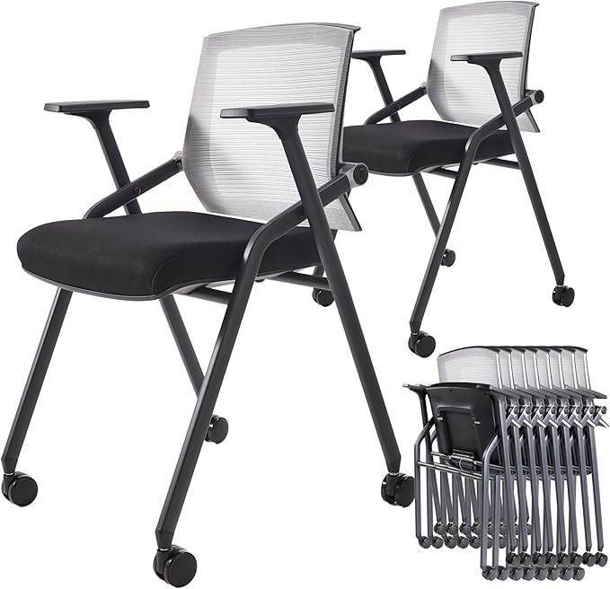 10 Pack Foldable Office Chair with PU Wheels and Sliding Armrest-Ergonomic Mesh Bouncing Back, Stackable Conference Room Chair, Office Guest & Reception & Meeting Chair (Black)-DeskLoop Office