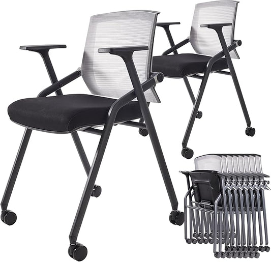 10 Pack Foldable Office Chair with PU Wheels and Sliding Armrest-Ergonomic Mesh Bouncing Back, Stackable Conference Room Chair, Office Guest & Reception & Meeting Chair (Black)-DeskLoop Office