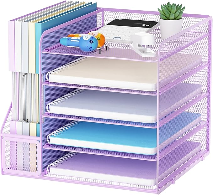 Marbrasse Desk Organizers and Accessories, 5-Tier Paper Letter Tray Organizer with File Holder, Mesh File Organizer, Office Desk Accessories & Organization for Supplies (Purple)-DeskLoop Office