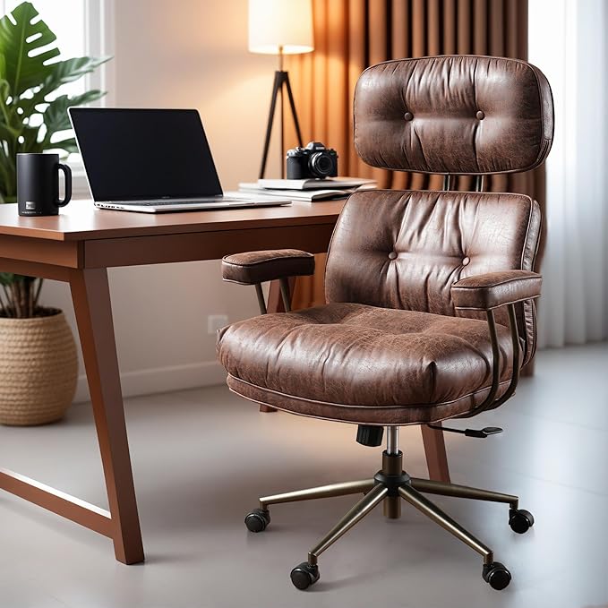 ovios Home Office Chair, Mid-Century Modern Faux PU Leather Chairs with Lumbar Support Comfy Thick Cushion, High Back Ergonomic Swivel Rolling Executive Armchair (Dark Brown, Suede Leather)-DeskLoop Office
