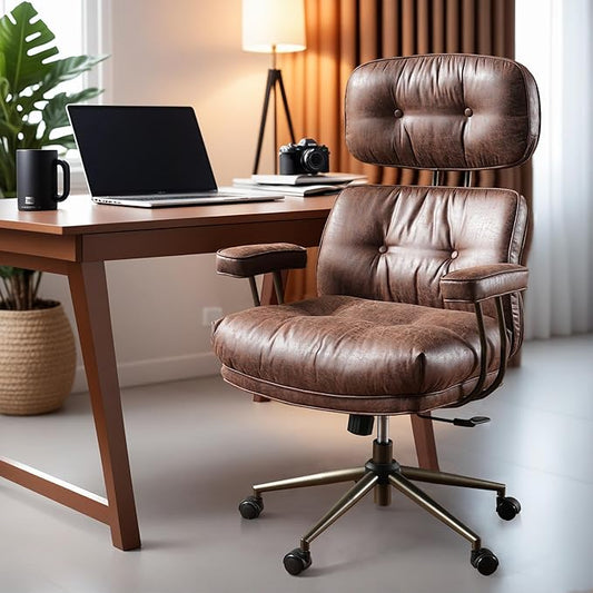 ovios Home Office Chair, Mid-Century Modern Faux PU Leather Chairs with Lumbar Support Comfy Thick Cushion, High Back Ergonomic Swivel Rolling Executive Armchair (Dark Brown, Suede Leather)-DeskLoop Office