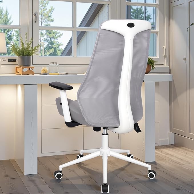 HYLONE Office Chair, 5" Thickened Seat Ergonomic Desk Chair with Adjustable Armrests, Home Office Computer Chairs for Long Hours Mesh Executive Chair(White Base&Grey)-DeskLoop Office