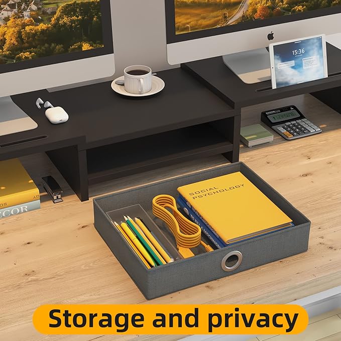 WESTREE Dual Monitor Stand Riser with Drawer, Adjustable Length and Angle Monitor 2 Solts for Phone & Tablet, Desktop Organizer Stand for Computer/Laptop/PC/Printer-DeskLoop Office