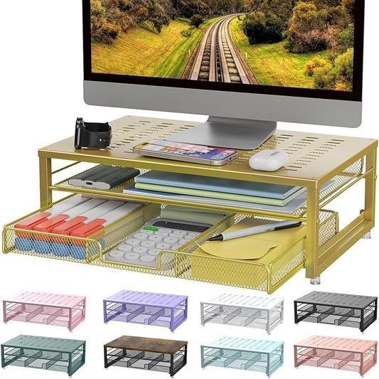 gianotter Computer Monitor Stand Riser, office organizer with Drawer, Office Organizers Storage for Classroom Office Supplies (Gold)-DeskLoop Office
