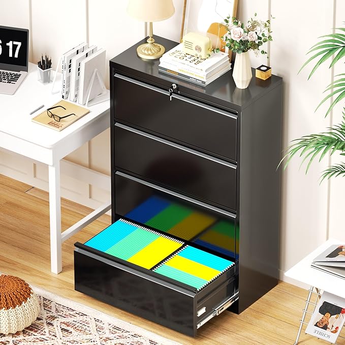 Crownland Lateral File Cabinet with 4 Drawers, 28" W Metal Lockable Office File Cabinets for Home Office- Stores Letter/Legal/A4/F4 Files(Black)-DeskLoop Office