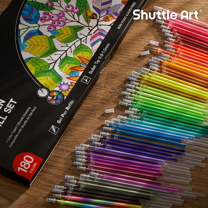 Gel Pen Refills, Shuttle Art 180 Colors (No Duplicates) Gel Pen Refills, 7 Color Types for Kids Adults Coloring Books Drawing Doodling Crafts Scrapbooking Journaling-DeskLoop Office