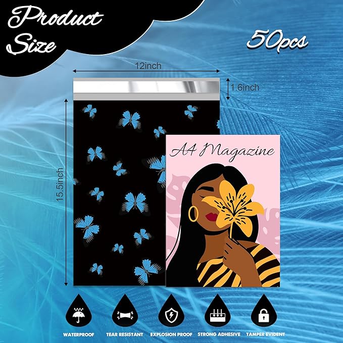 butterfly Poly Mailer 12x15.5 Inch 50 Pcs, Waterproof Shipping Bags for Clothing, Tear-Resistant Mailier Bags, Strong Mailing Bags with Self-Seal-DeskLoop Office