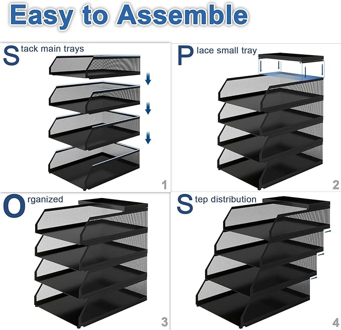 Natwind 4-Tier Stackable Paper Tray, Metal Mesh Desktop Organizer, Paper Sorter, Letter Trays,File Document Storage Rack for for Home, Office, School (Black)-DeskLoop Office