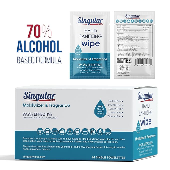 Hand Sanitizing Wipes Travel Size by Singular Wipes – 24ct Individually Wrapped | Fresh Citrus Scent, Moisturizing, 70% Alcohol Wipes | Travel, Office, School, Home | Made in USA-DeskLoop Office