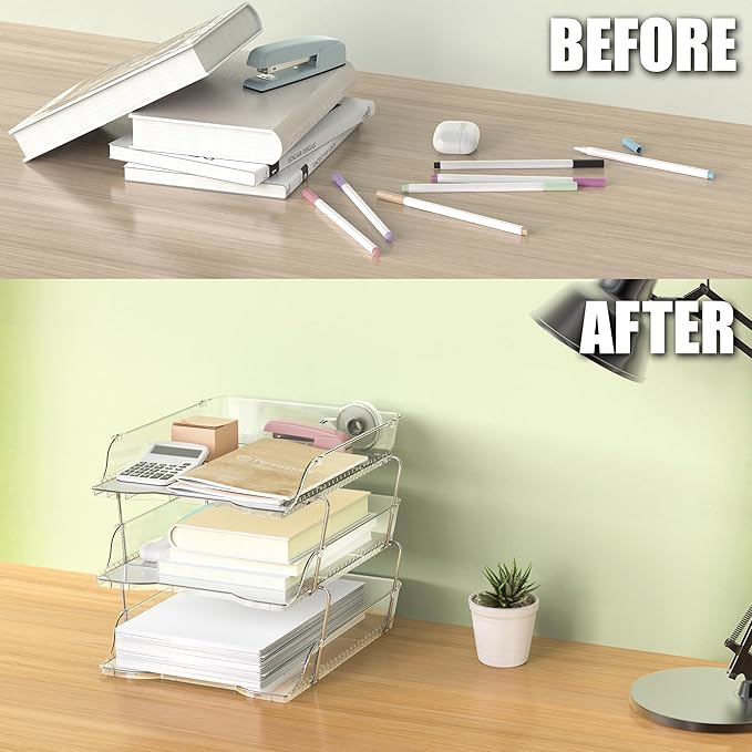 Simple Houseware 3-Tier Crystal Clear Stackable Document Letter Tray Paper Organizer – Desk Organizer for A4/Letter Size Documents, File Sorter, Paper Holder, Office Desktop File Storage, Acrylic Look-DeskLoop Office