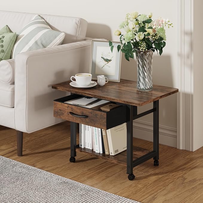 22"x15" Large Printer Stand with Storage Drawer, 2-Tier Under Desk Printer Table for Home Office, Printer Cart fit Fax Machine/3D Printer/Scanner(Brown)-DeskLoop Office