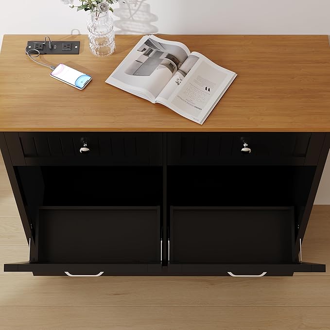 20 Gallon Tilt Out Trash Cabinet, Wooden Kitchen Trash Can Cabinet with Hideaway Drawer, Freestanding Laundry Hamper Garbage Recycling Cabinet on Wheels, Pet Proof, Double, Black-DeskLoop Office