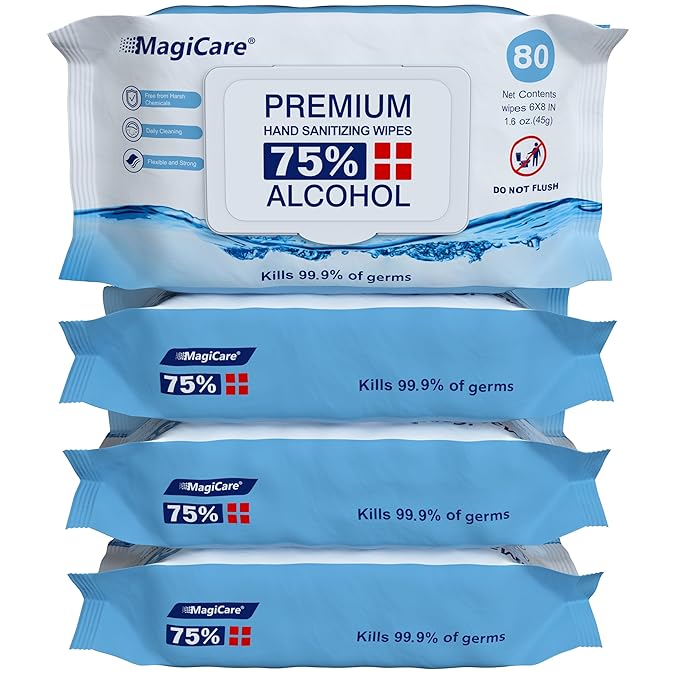 MagiCare 75% Large Alcohol Wipes (4-80ct Packs) - Alcohol Hand Sanitizing Wipes, Premium - Unscented Hand Wipe, Sanitizer Wipe - Travel, Home, Classroom, Camping - 4 Soft Packs (320pcs)-DeskLoop Office