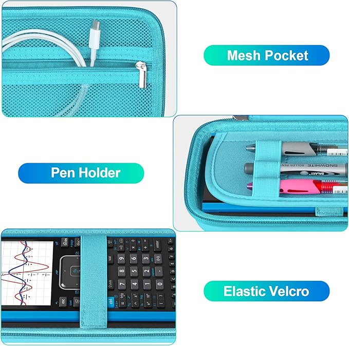BOVKE Graphing Calculator Carrying Case for Texas Instruments TI-Nspire CX II CAS/CX II/CX/CX CAS Calculator and More - Mesh Pocket for USB Cables and Other School Supplies, Turquoise-DeskLoop Office