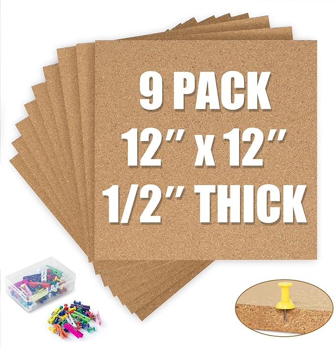 AKTOP Cork Board Bulletin Board 12x12, 1/2" Thick Cork Board Tiles 9 Pack, Small Square Pin Board for Wall, Self Adhesive Corkboards with 120 Push Pin Wood Clips for School, Home & Office-DeskLoop Office
