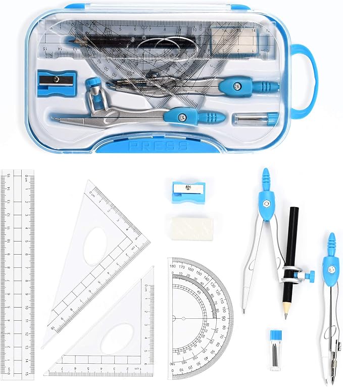 10 Pieces Math Geometry Kit Set Student Supplies with Shatterproof Storage Box,Includes Rulers,Protractor,Compass,Eraser,Pencil Sharpener,Lead Refills,Pencil,for School and Drawings(Blue)-DeskLoop Office