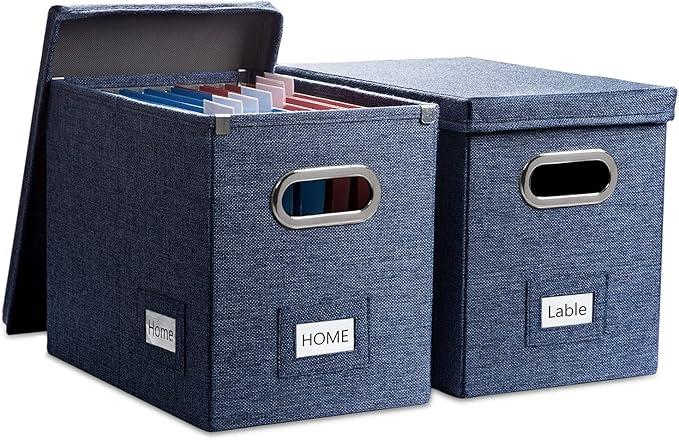 PRANDOM File Organizer Box - Set of 2 Collapsible Decorative Linen Filing Storage Hanging File Folders with Lids Office Cabinet Letter Size Navy Blue (14x9.3x10.8 inch)-DeskLoop Office