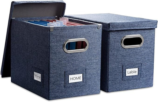 PRANDOM File Organizer Box - Set of 2 Collapsible Decorative Linen Filing Storage Hanging File Folders with Lids Office Cabinet Letter Size Navy Blue (14x9.3x10.8 inch)-DeskLoop Office