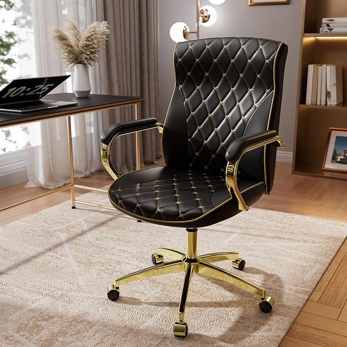 Black and Gold Office Chair with Soft Leather Embroidery, Mid Back Vintage Swivel Executive Desk Chair with Wheels and Padded Arms, Adjustable Height-DeskLoop Office