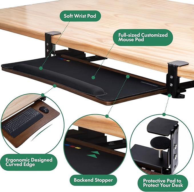 D'vine Dev Under Desk Keyboard Tray with Wrist Rest Bamboo Wood Keyboard Drawer with Full Size Mouse Pad, Walnut Color, KBT-2-DeskLoop Office