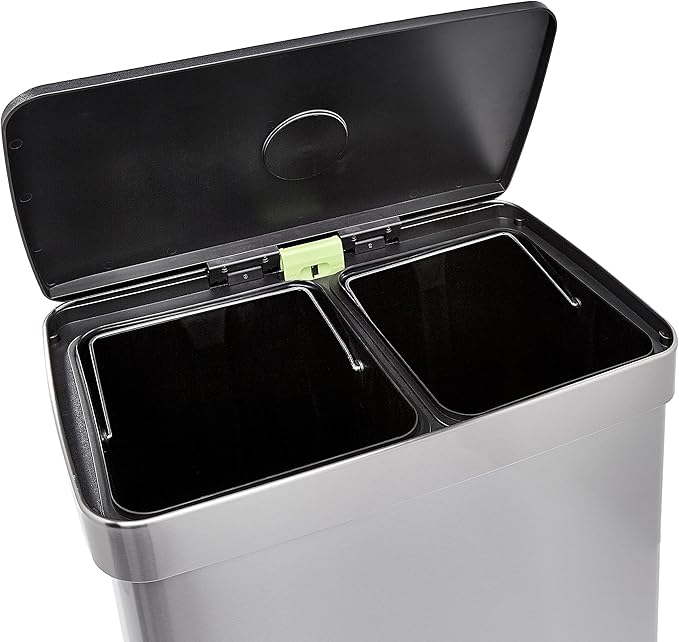 Amazon Basics Dual Compartment Recycling Trash Can with Soft-Close Lid and Removable Liner Buckets, 60 Liters, Rectangular, Grey, Silver-DeskLoop Office