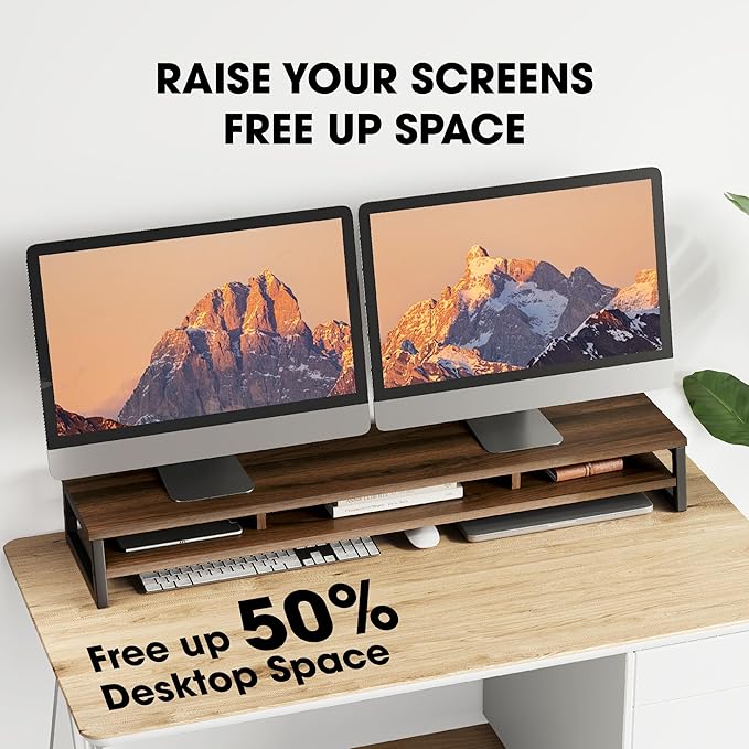 Fenge Dual Monitor Stand for Desk, 42.5in Large Monitor Riser for 2 Monitors, 2 Tier Computer Office Desk Top Shelf, Desktop Storage Stand for Laptop, PC, Computer, Printer-DeskLoop Office