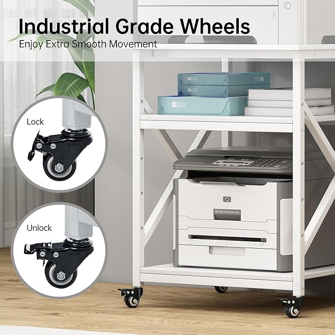 Large Printer Stand with Height Adjustable Storage Shelf, 23.6 x 23.6 Inches Square Printer Table with Industrial Wheels, Multi-use 3 Tier Rolling Printer Cart for Home Office - White-DeskLoop Office