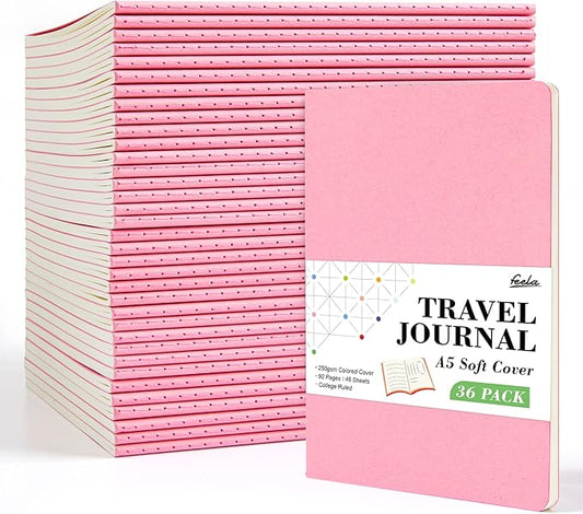 feela 36 Pack Soft Cover Journal Bulk, Lined Blank Travel Journal for Women Men Writing, Notebooks College Ruled for Work, Note Taking Notebook School Business Supplies, 8.2” x 5.5”, A5, Pink-DeskLoop Office