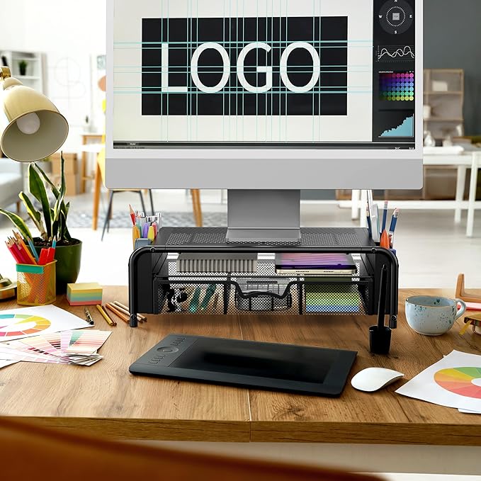 Simple Houseware Monitor Riser Stand with Pull-Out Drawer and Pen Holders, Black-DeskLoop Office