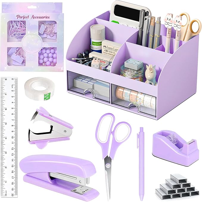 Desk Accessories with Pen Holder, Office Supplies Desk Organizers and Accessories, Tape Dispenser, Stapler, Staple Remover, Staples, Clips Set, Ruler, Scissor, Pen, Tape (Purple)-DeskLoop Office