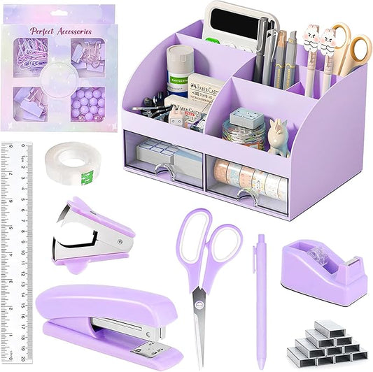 Desk Accessories with Pen Holder, Office Supplies Desk Organizers and Accessories, Tape Dispenser, Stapler, Staple Remover, Staples, Clips Set, Ruler, Scissor, Pen, Tape (Purple)-DeskLoop Office
