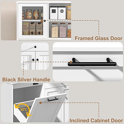 OLD CAPTAIN Tilt Out Trash Cabinet with Deodorising Function, Kitchen Hutch with Microwave Shelf and Drawer, Kitchen Pantry with Trash Cabinet for 10 Gallons, White-DeskLoop Office