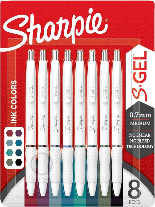Sharpie S-Gel | Gel Pens for Writing | Medium Point (0.7mm) | Assorted Ink Colours | White Pearl Barrels | 8 Count-DeskLoop Office