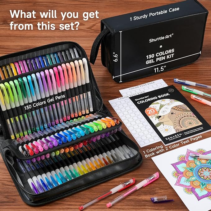 Shuttle Art Gel Pens, 130 Colors Gel Pen with 1 Coloring Book in Travel Case for Adults Coloring Books Drawing Crafts Scrapbooking Journaling-DeskLoop Office