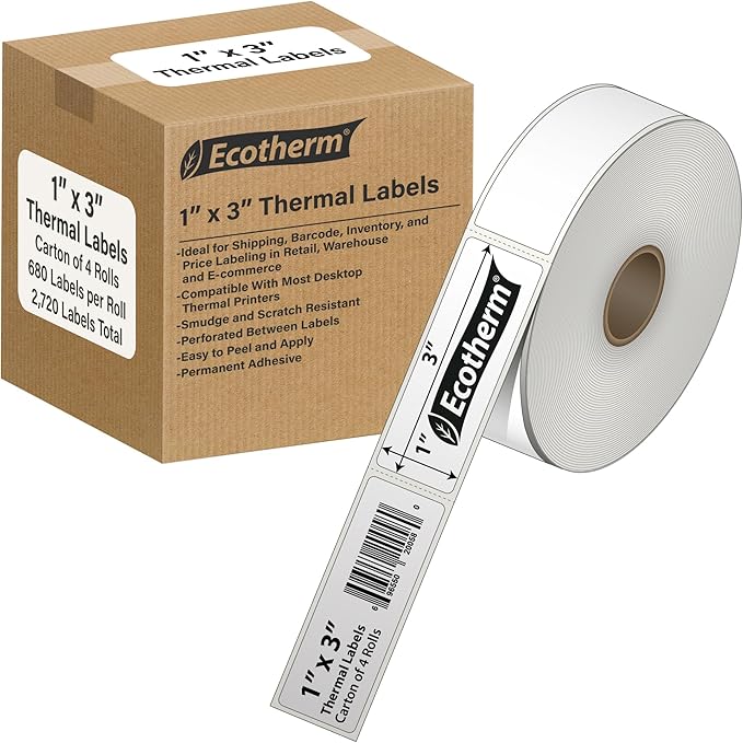 1" x 3" Thermal Labels | 4 Rolls | 2720 Labels | fits Zebra, Godex, Arkscan, iDPRT, Offnova Thermal Label Printers and More | Blank White Adhesive Stickers by Ecotherm-DeskLoop Office
