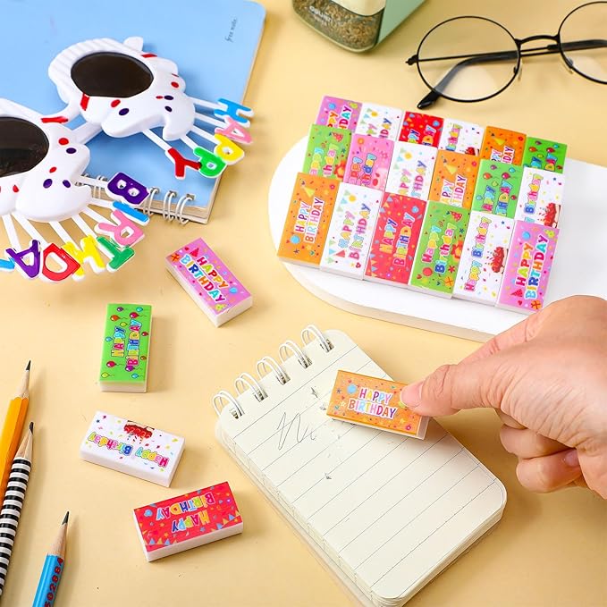 100 Pcs Happy Birthday Erasers Bulk Mini Erasers for Classroom Fun Assortment Birthday Gifts for Back to School Teacher Reward Party Supplies, 8 Styles, 1.6 Inch-DeskLoop Office