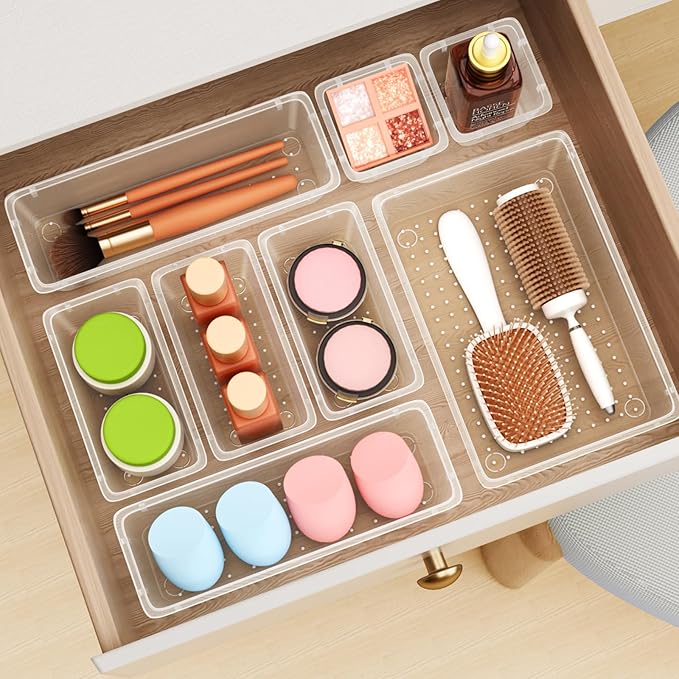 12-Piece Drawer Organizer Set, 4 Sizes Clear Plastic Makeup Vanity Organizer for Makeup, Stationery, Gadgets, Kitchen, Bathroom, Office, Bedroom