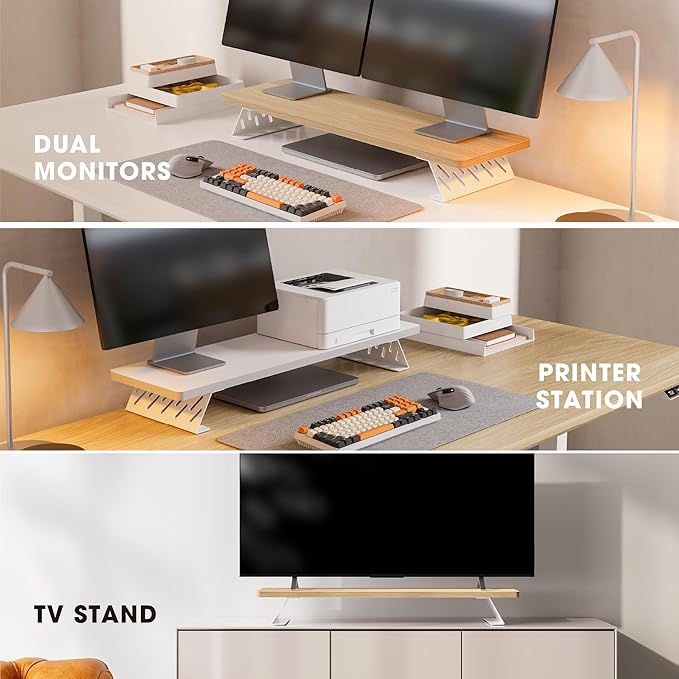 Fenge Monitor Stand Riser, Desk Top Shelf for 2 Monitors, Computer Stands for Desk, Wood & Steel Desktop Riser for Laptop, PC, Printer-DeskLoop Office