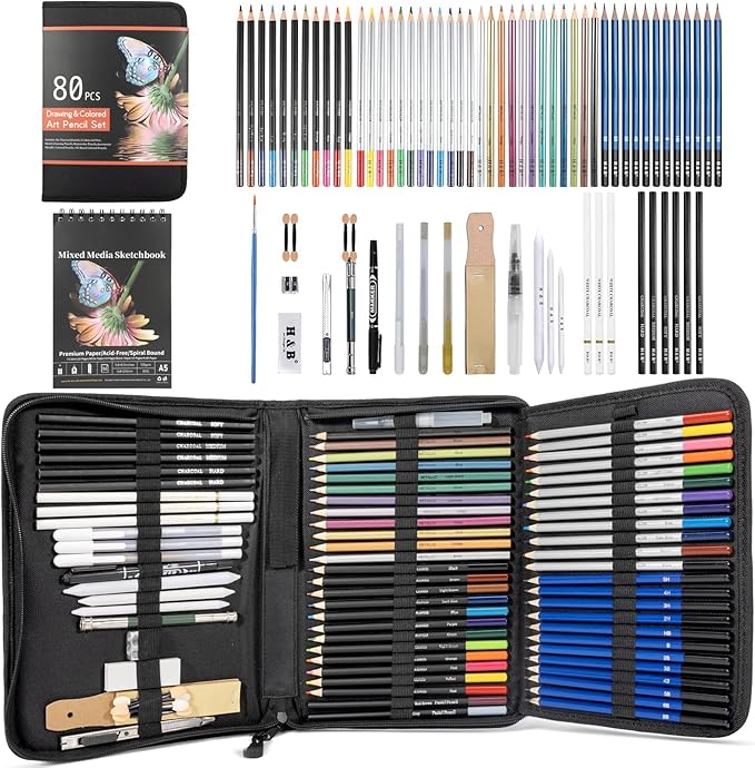 H & B 80-Pack Colored Sketching Art Pencil Set with 3-Color Sketchbook and Coloring Book - Includes Graphite, Watercolor, Metallic, and Oil-Based Colored Pencils-DeskLoop Office